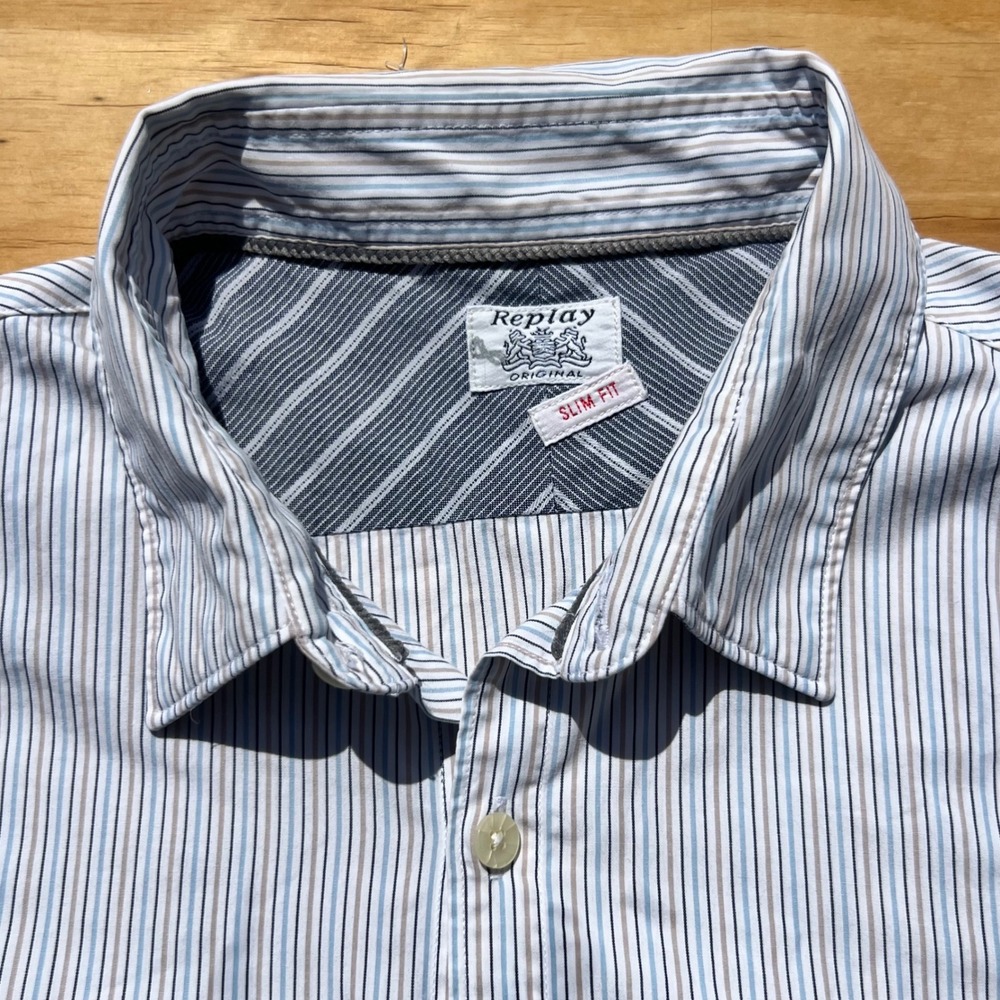 Replay Original Mens Slim Fit Multi Stripe Button Down Shirt Blue White Size M